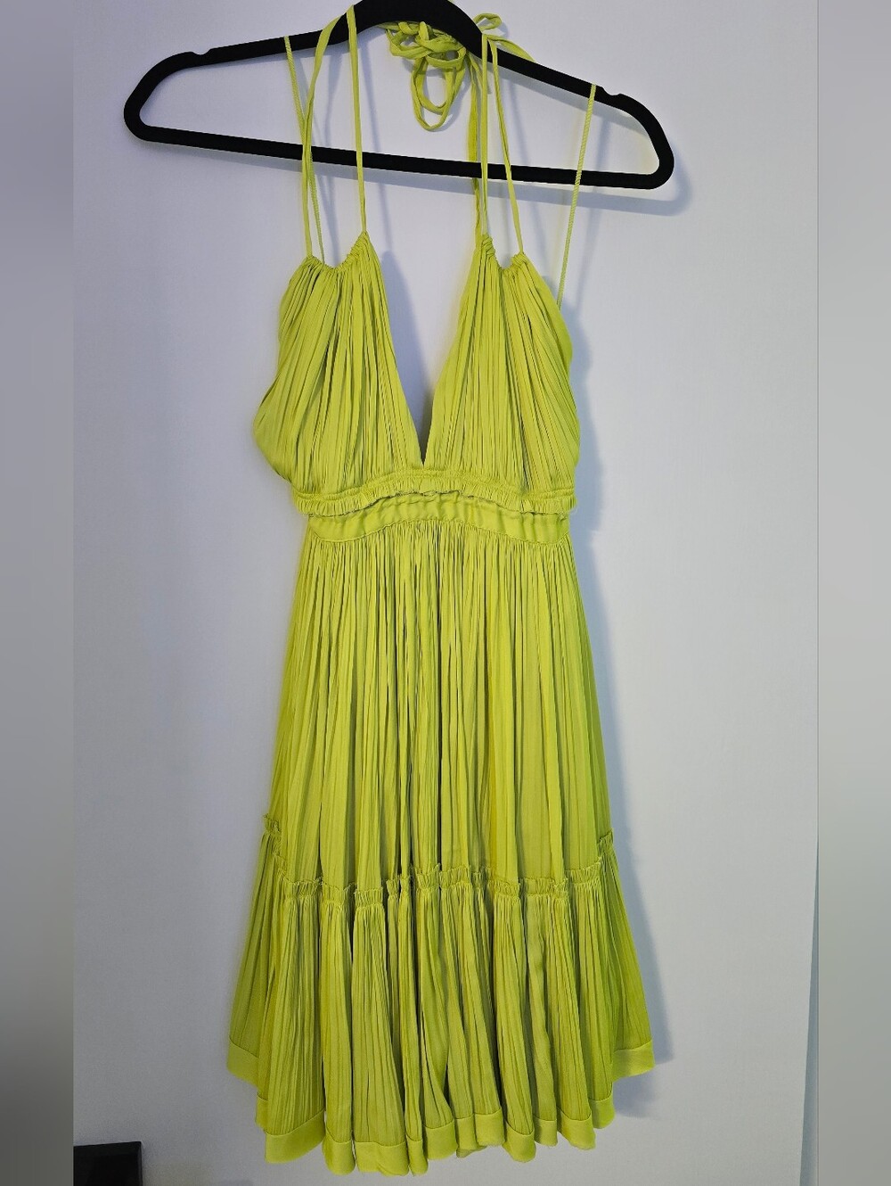Free People Neon Lime Pleated Halter Mini Dress